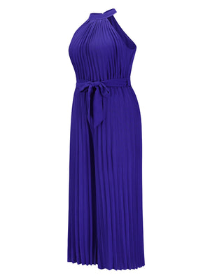 Royal blue halter neck pleated palazzo jumpsuit with tie waist.