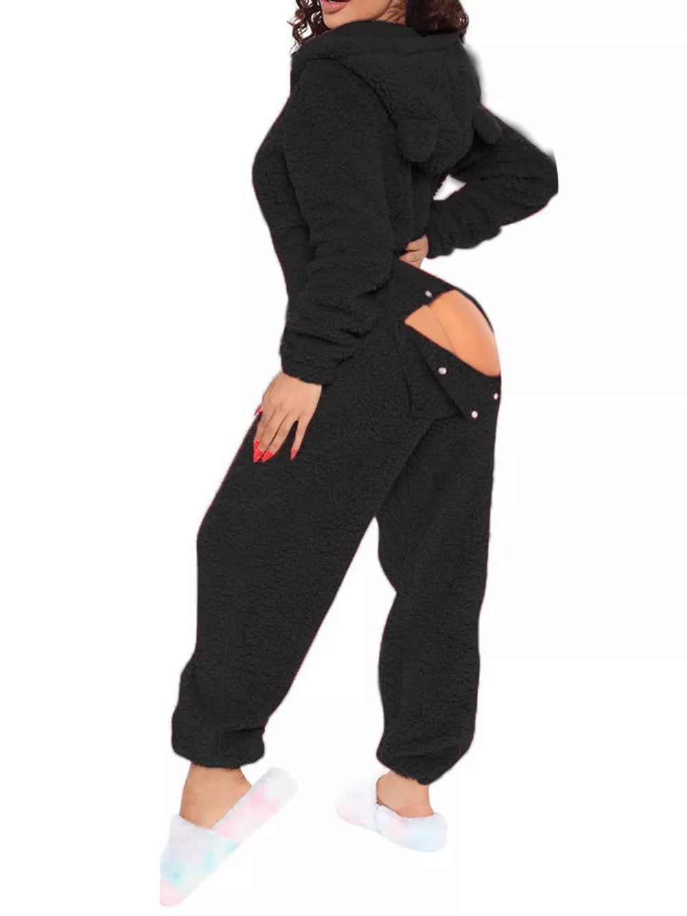 Black fleece hooded romper with open-back detail and button closure.