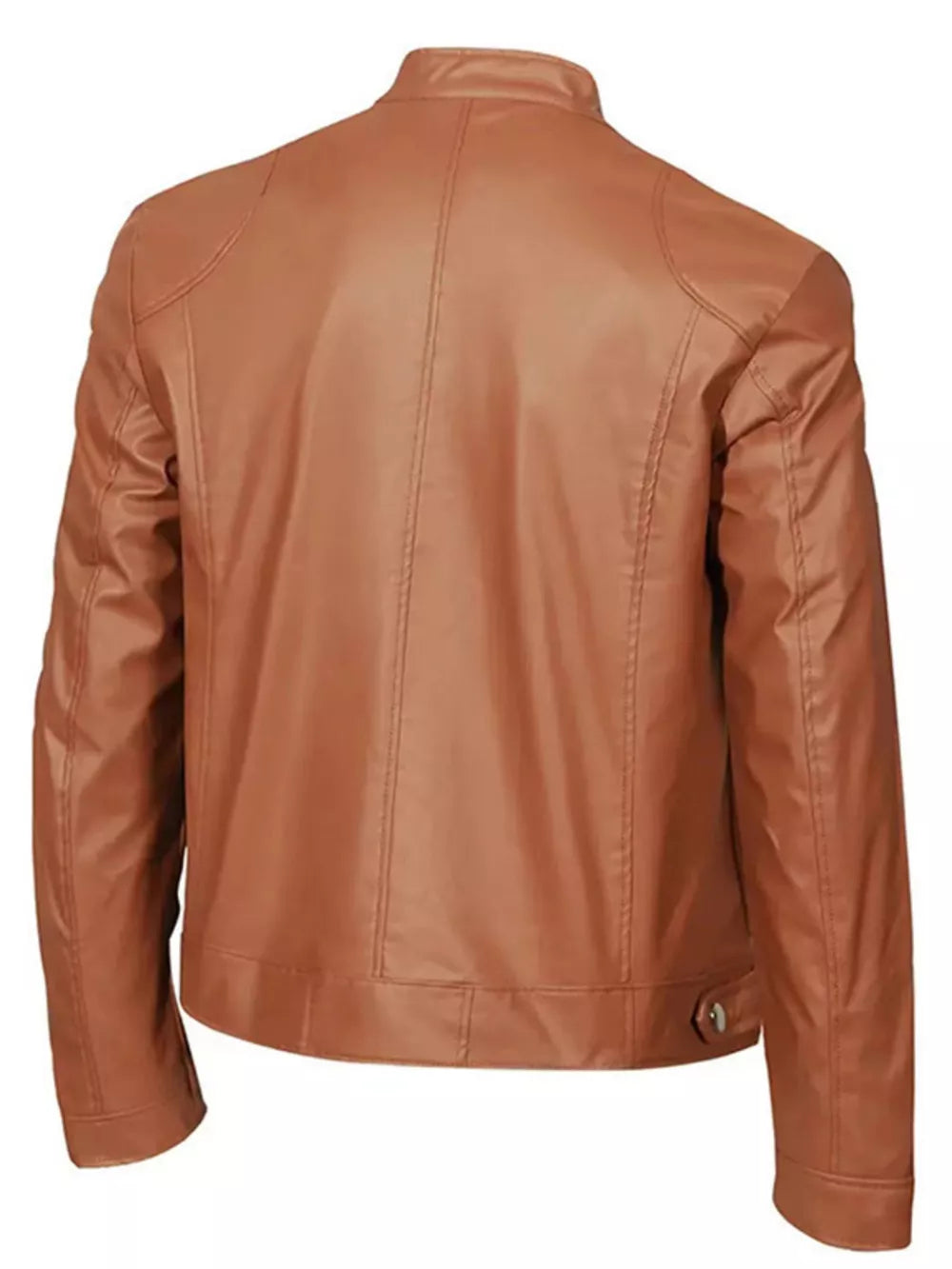 Brown PU zip-up jacket with stand-up collar and seam details.