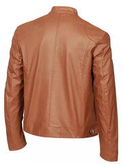 Brown PU zip-up jacket with stand-up collar and seam details.