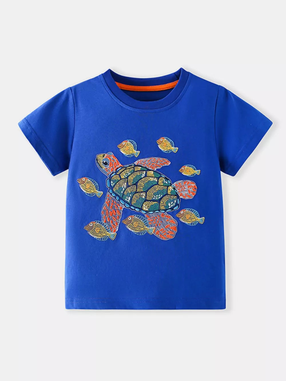 Blue cotton blend toddler t-shirt with vibrant embroidered turtle and fish graphic, crew neck.