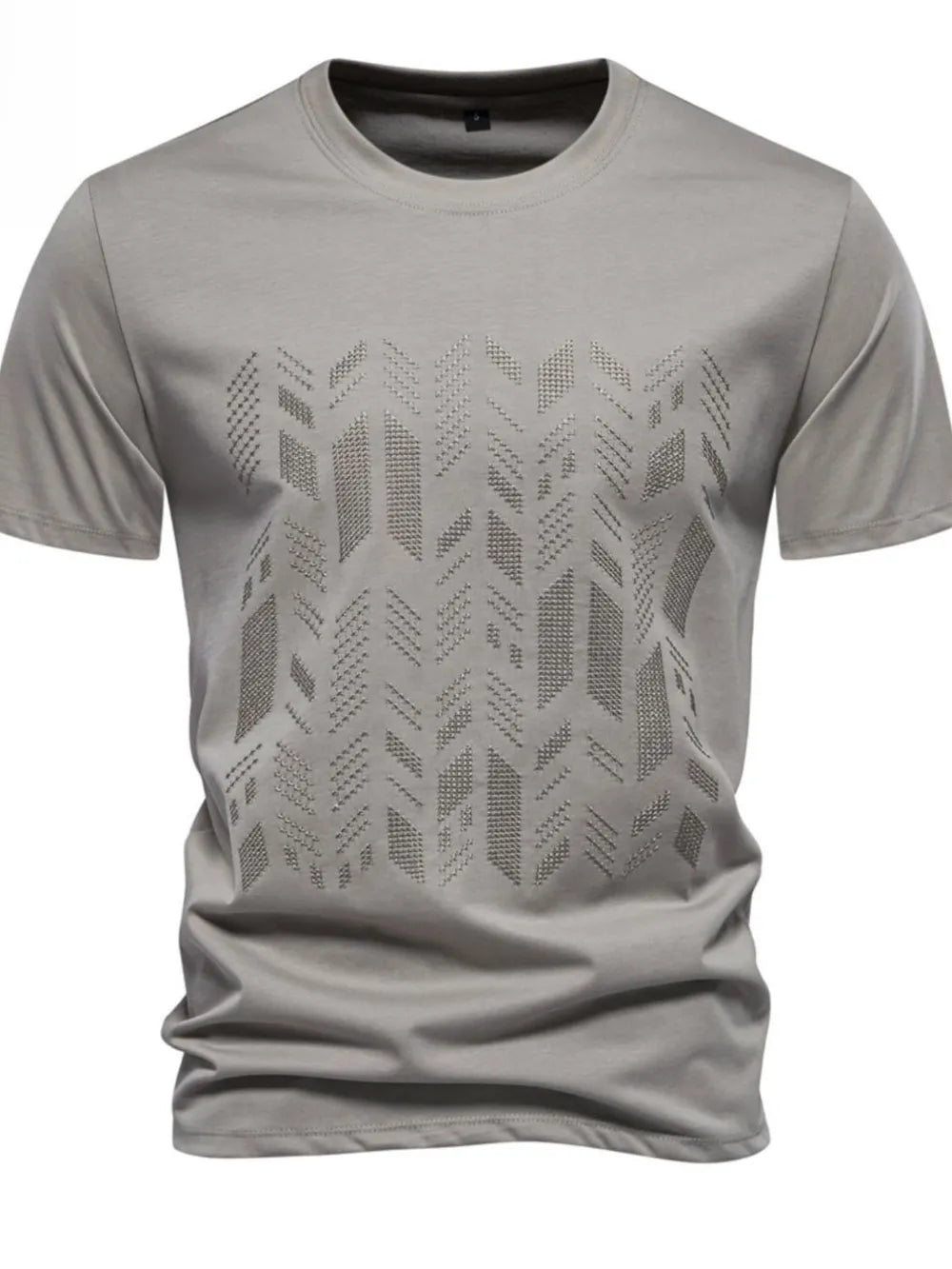 Gray t-shirt with embossed geometric pattern on chest