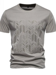 Gray t-shirt with embossed geometric pattern on chest
