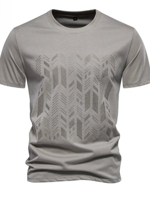 Gray t-shirt with embossed geometric pattern on chest
