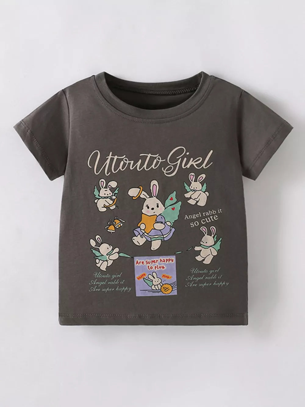Dark grey cotton crew neck t-shirt with playful angel rabbits and text print.