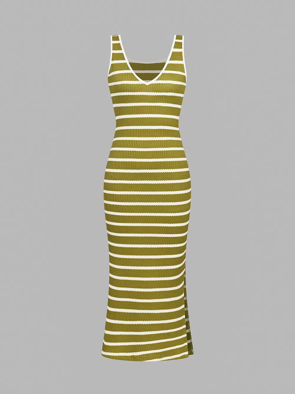 Ribbed striped bodycon midi dress in matcha color with V-neck and side slit