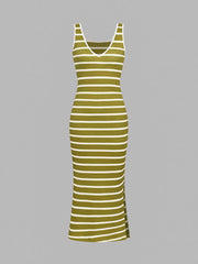 Ribbed striped bodycon midi dress in matcha color with V-neck and side slit