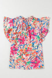 Floral blouse with flutter sleeves and tie-neck detail
