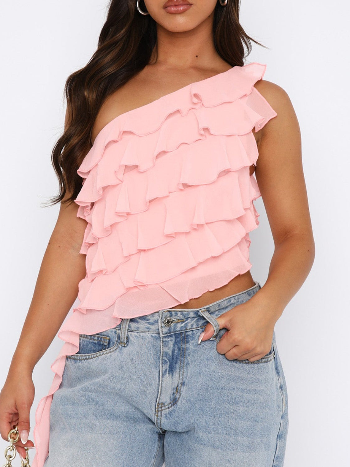 Watermelon pink cascading ruffle one-shoulder blouse with asymmetric hem