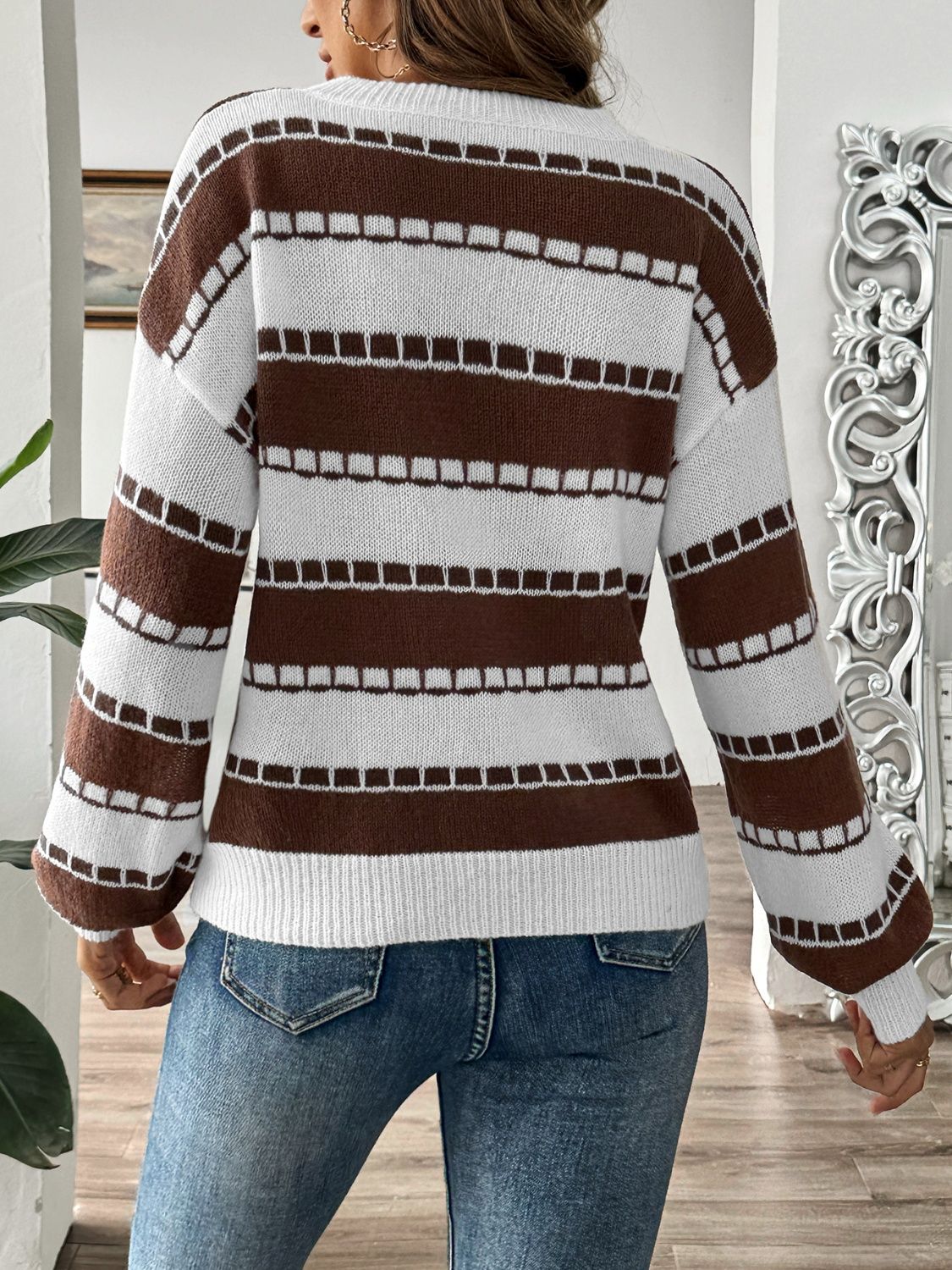 Textured stripe crewneck sweater in chocolate and white knit with long sleeves.