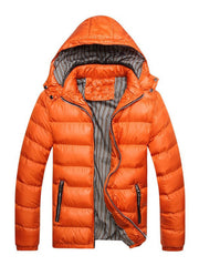Orange hooded puffer jacket for men with striped lining and zip pockets