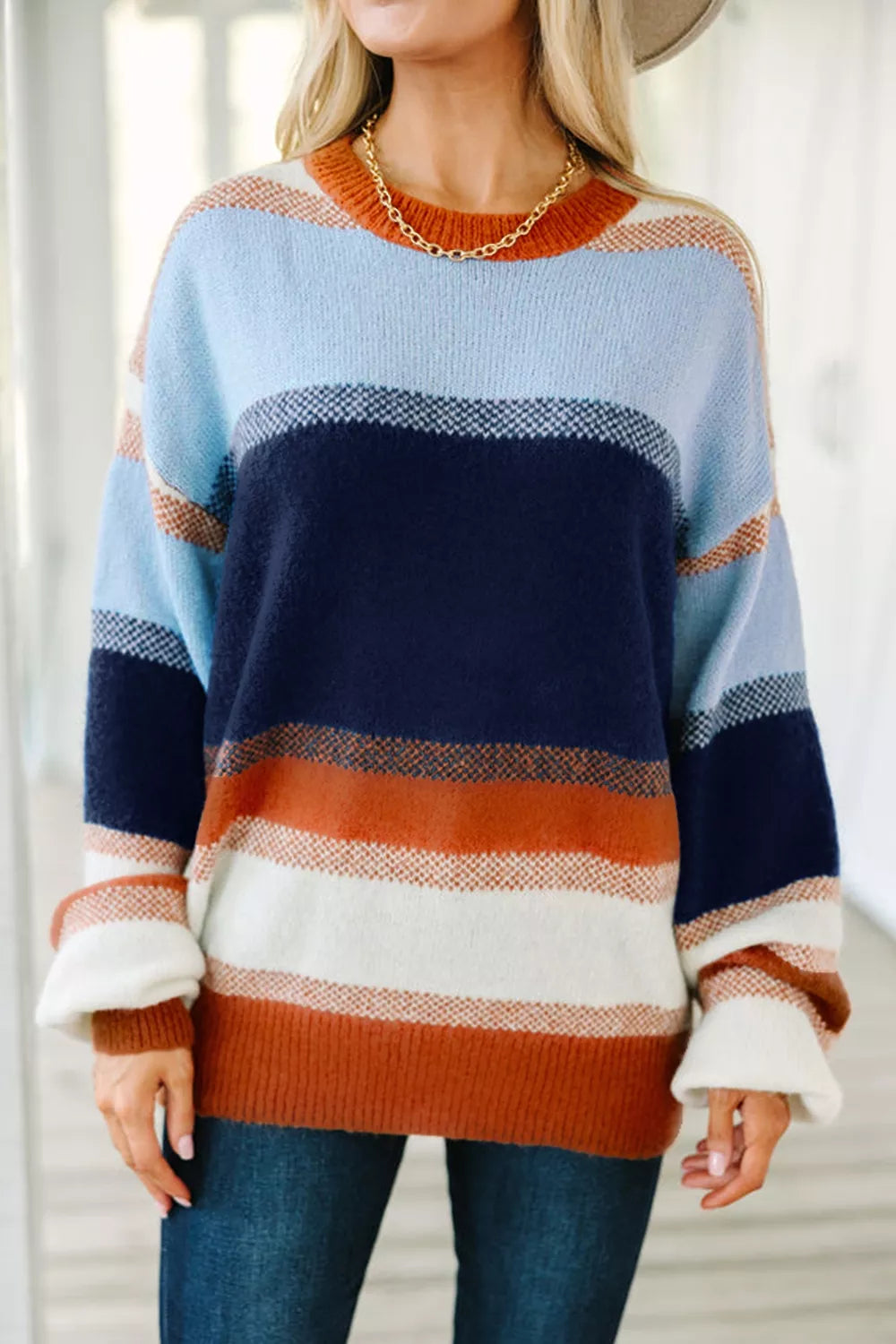 navy blue tunic with color-block and round neck