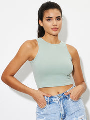 Sage high-neck crop tank top with a sleeveless, casual cut.