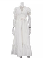Frilled V-neck Tie-waist Maxi Dress