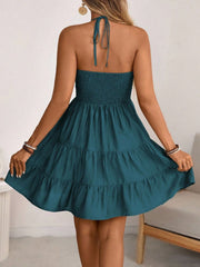 Peacock blue ruched halter tiered mini dress with ruffles