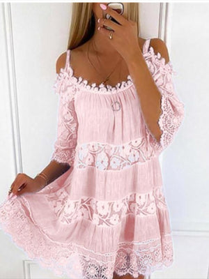 Bohemian Lace Cold Shoulder Mini Dress Plus Size in Light Blue, front view