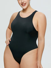 Black sculpted tank bodysuit with high-cut leg and racerback detail