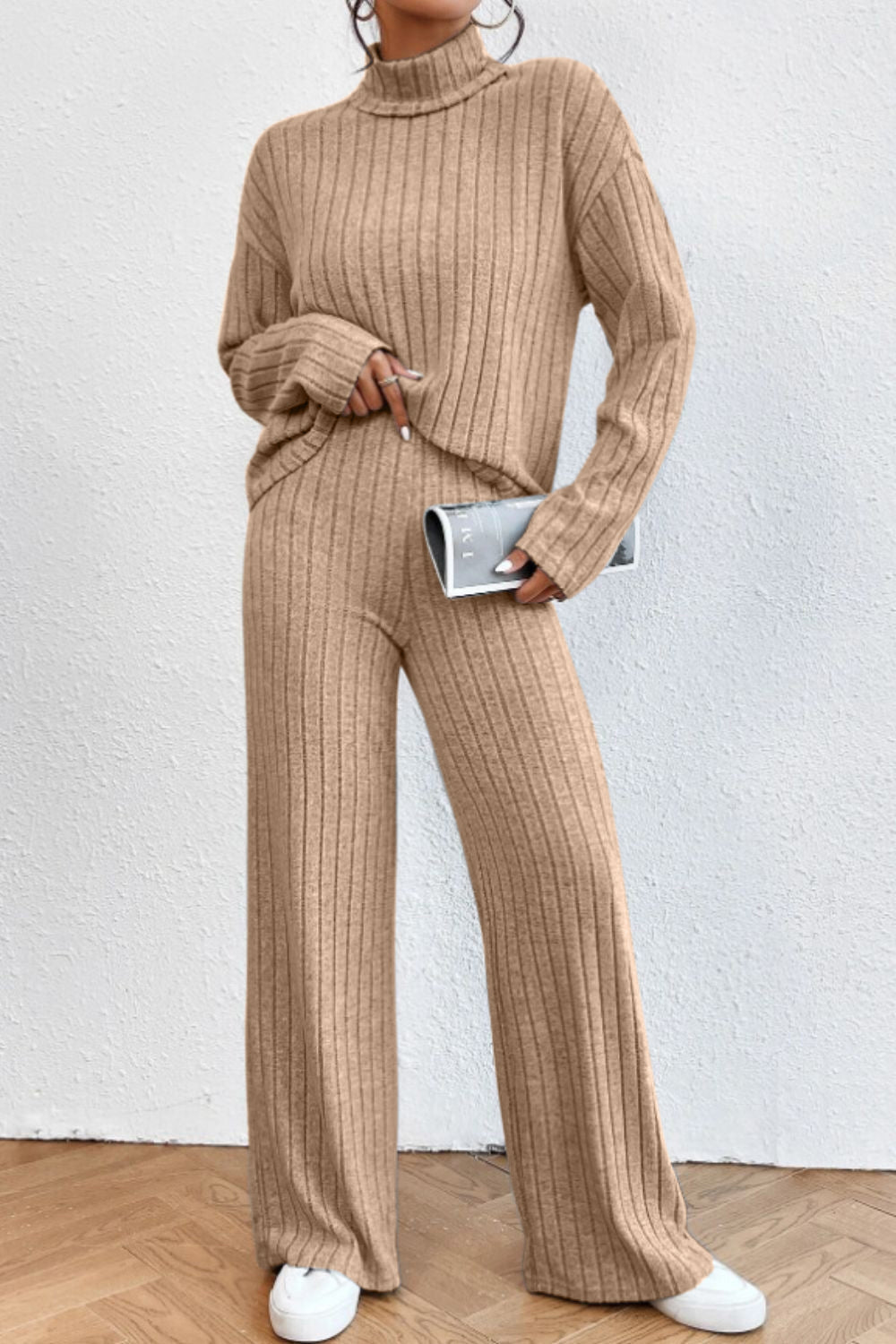 Ribbed knit turtleneck lounge set in Khaki with wide leg pants and long sleeves.