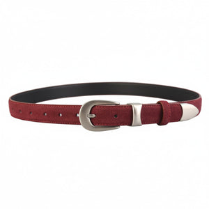 Red suede leather belt with silver buckle and tip detail