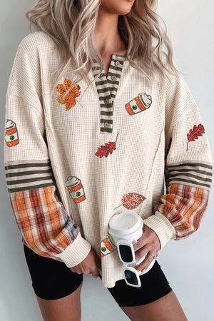 Sequin Autumn Leaf Coffee Cup Waffle Knit Top in Beige, front view