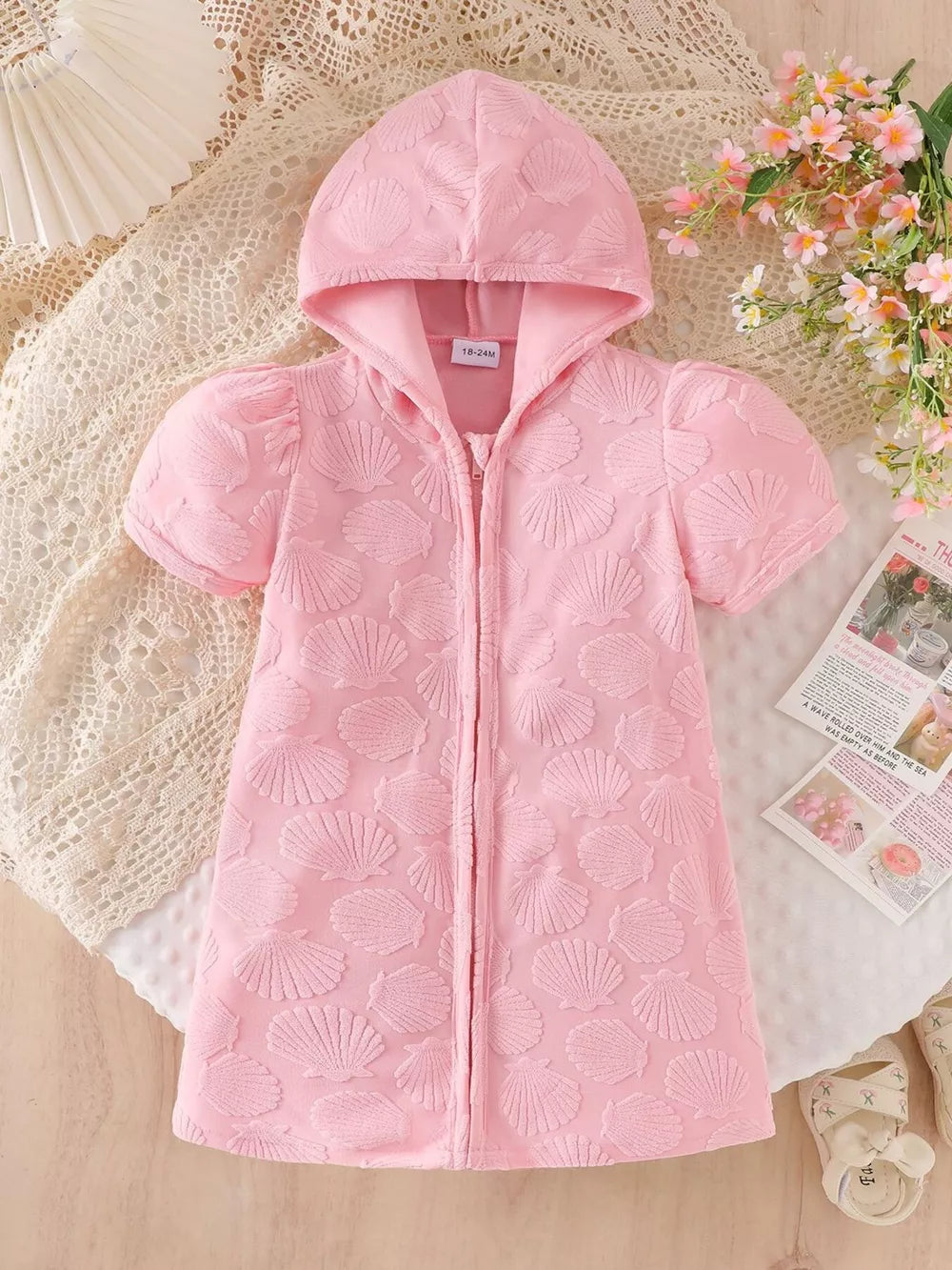 Children's Hooded Puff Sleeve Quilted Jacket in Pink, front view