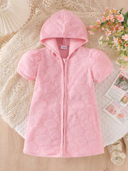 Children's Hooded Puff Sleeve Quilted Jacket in Pink, front view
