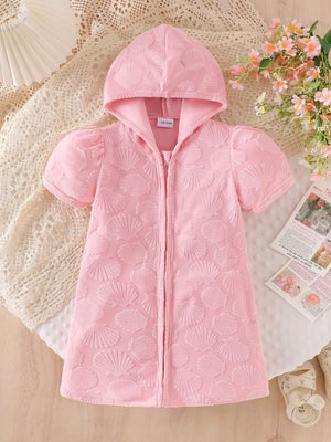Children's Hooded Puff Sleeve Quilted Jacket in Pink, front view
