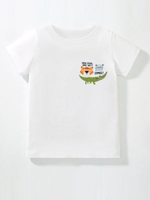 White cotton toddler t-shirt with cartoon tiger, frog, and alligator graphic and text.