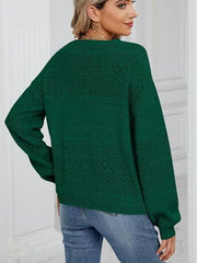 Diamond Eyelet Knit V-Neck Sweater in Black Forest green with textured diamond pattern and long sleeves.
