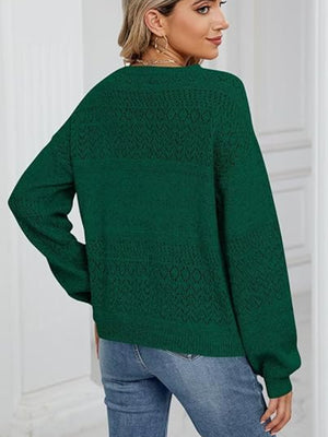 Diamond Eyelet Knit V-Neck Sweater in Black Forest green with textured diamond pattern and long sleeves.