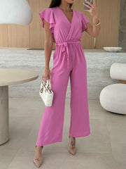 Surplice Ruffle Sleeve Wide Leg Jumpsuit in Black, front view