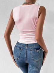 Pink ruched cowl neck tank top with ruched detail and sleeveless cut.
