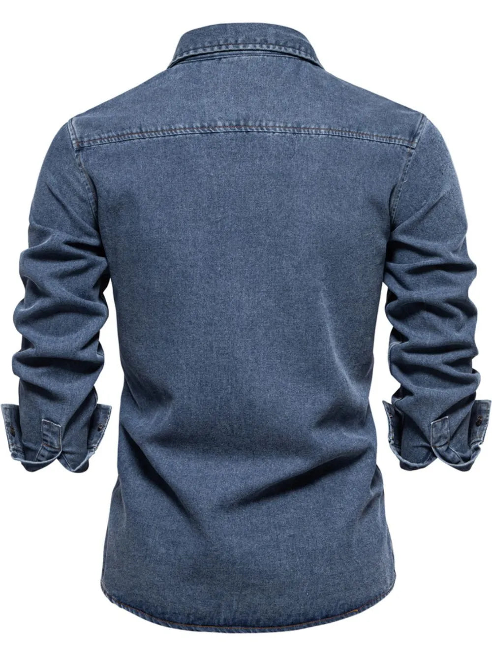 Light blue denim utility shirt with buttoned cuffs and a zip pocket detail.