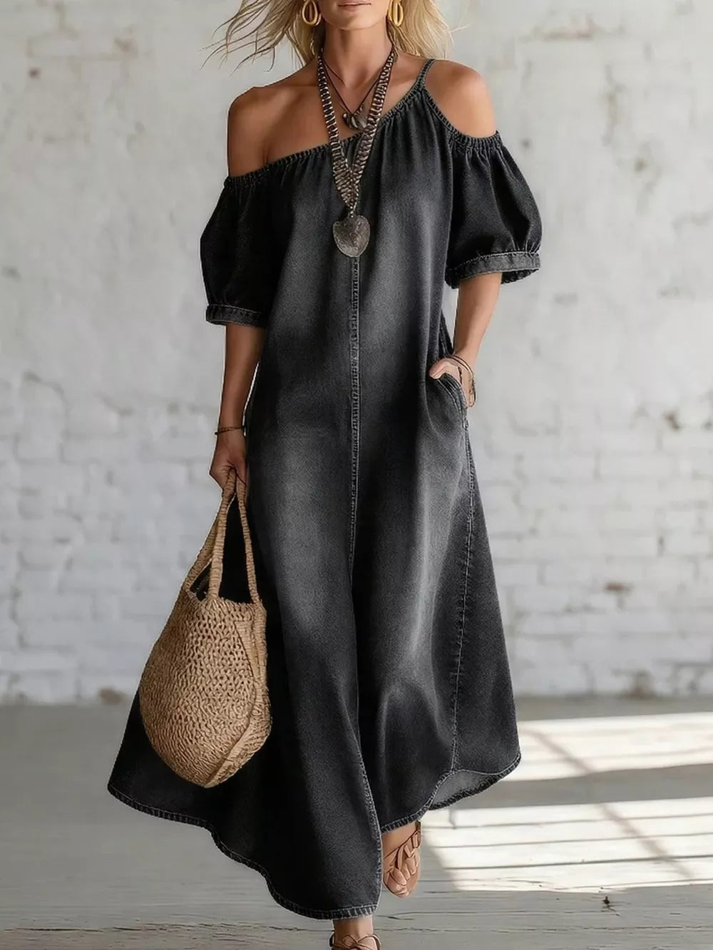 Asymmetrical Neck Denim Maxi Dress With Pockets in Light Blue, model styling view