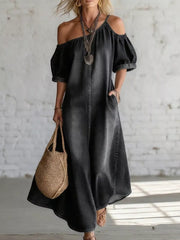 Asymmetrical Neck Denim Maxi Dress With Pockets in Light Blue, model styling view