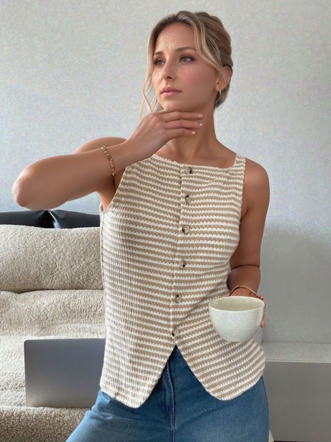 Textured stripe button-down tank top in tan with square neckline and button front.