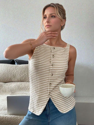 Textured stripe button-down tank top in tan with square neckline and button front.