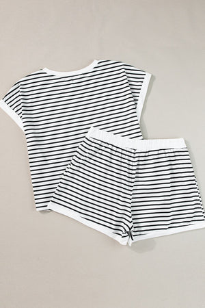 Ribbed stripe tee and shorts set with white trim, casual cotton blend outfit.