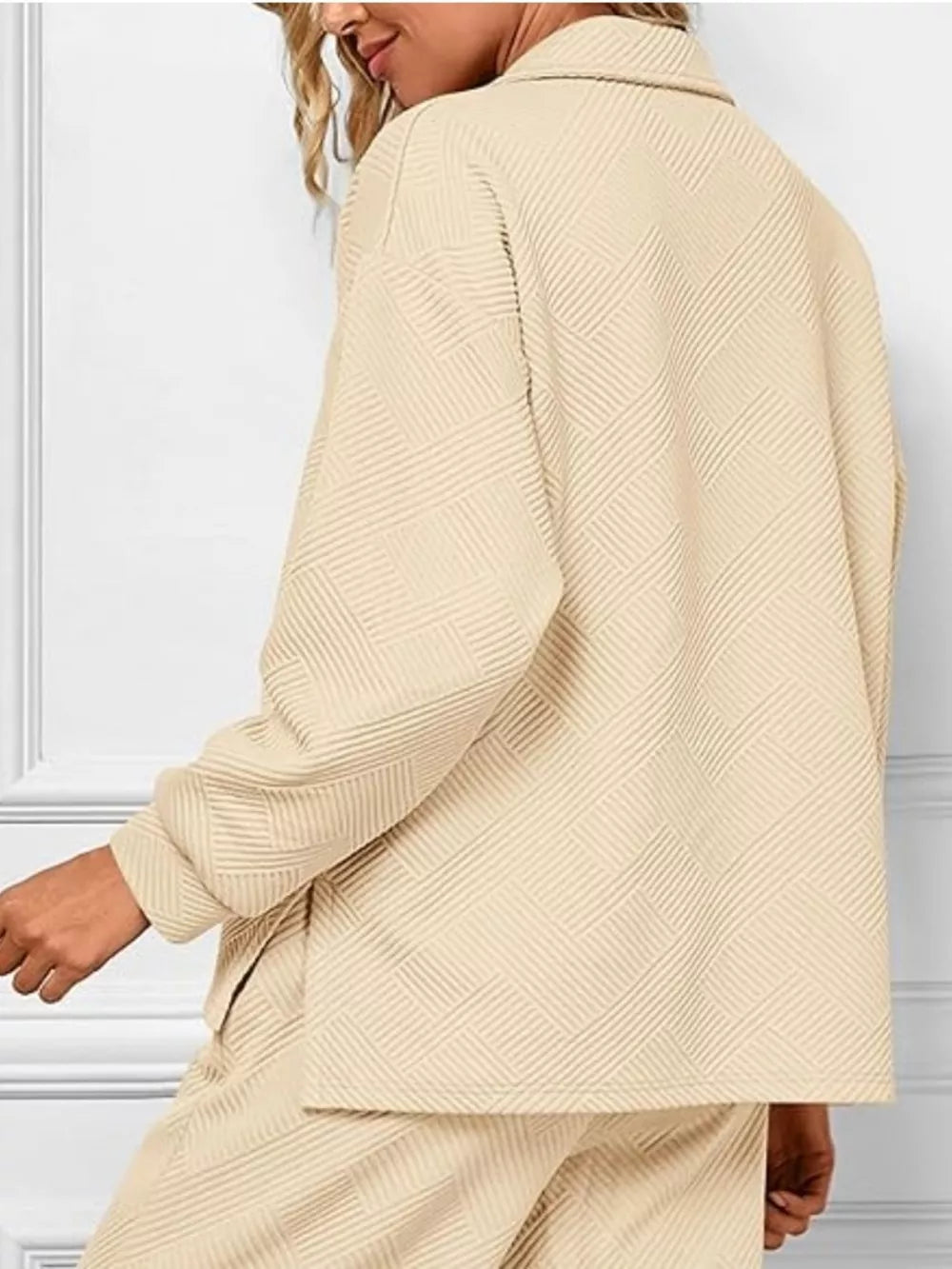 Khaki V-neck textured lounge set with diagonal pattern.