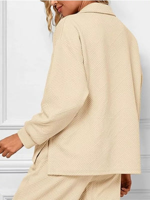Khaki V-neck textured lounge set with diagonal pattern.