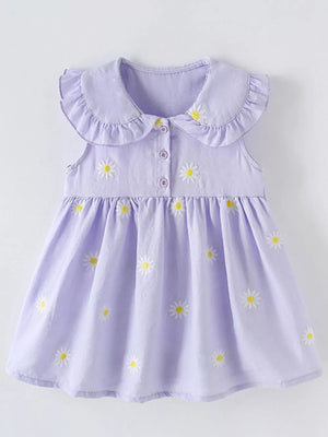 Lavender cotton baby dress with daisy embroidery, Peter Pan collar, and button front.