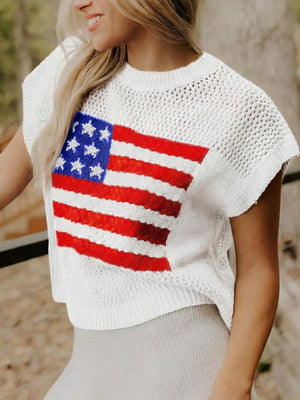 White knit short sleeve top with American flag graphic, mesh detail, crew neck