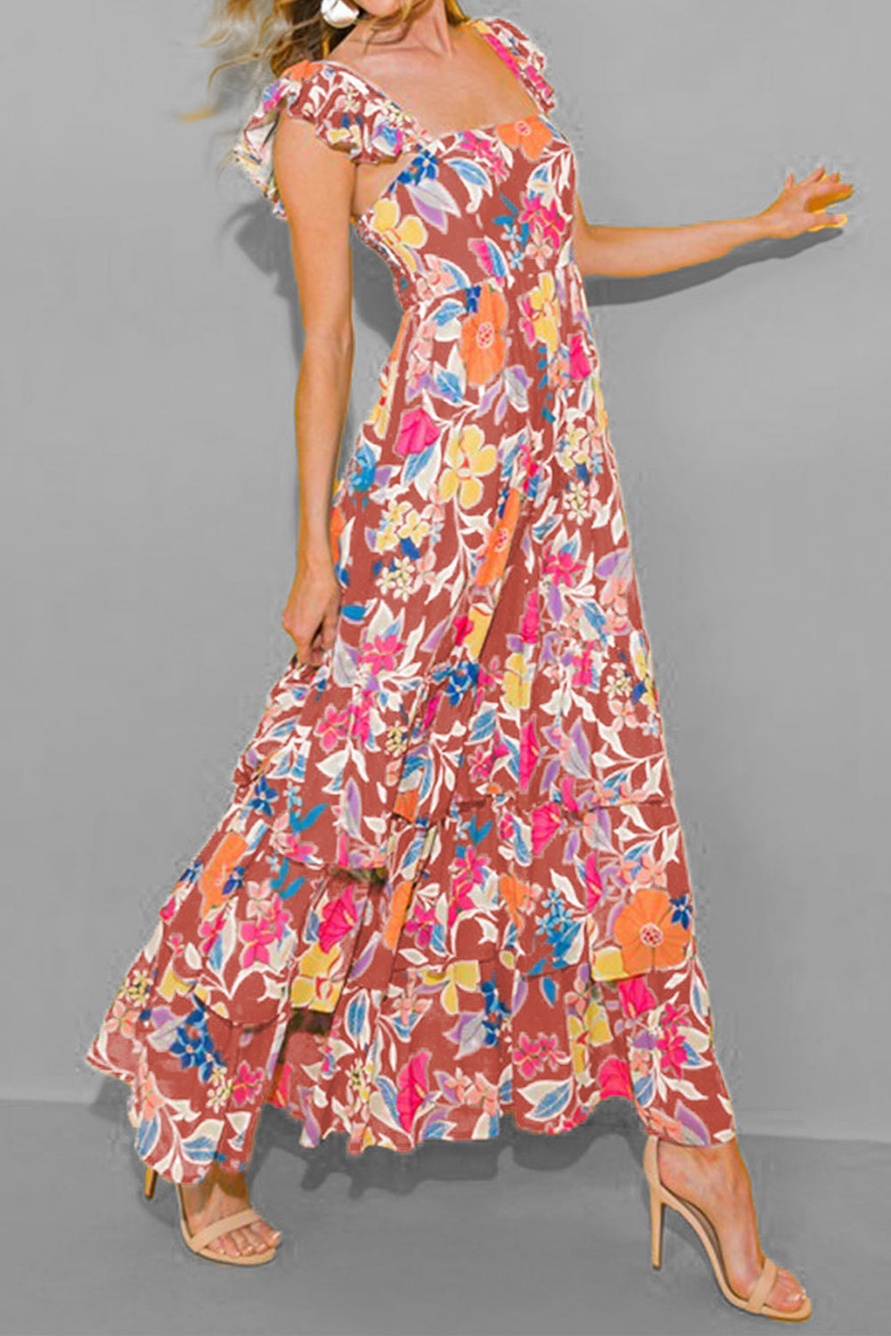 Floral ruffle-sleeve tiered midi dress in brown with vibrant floral print.