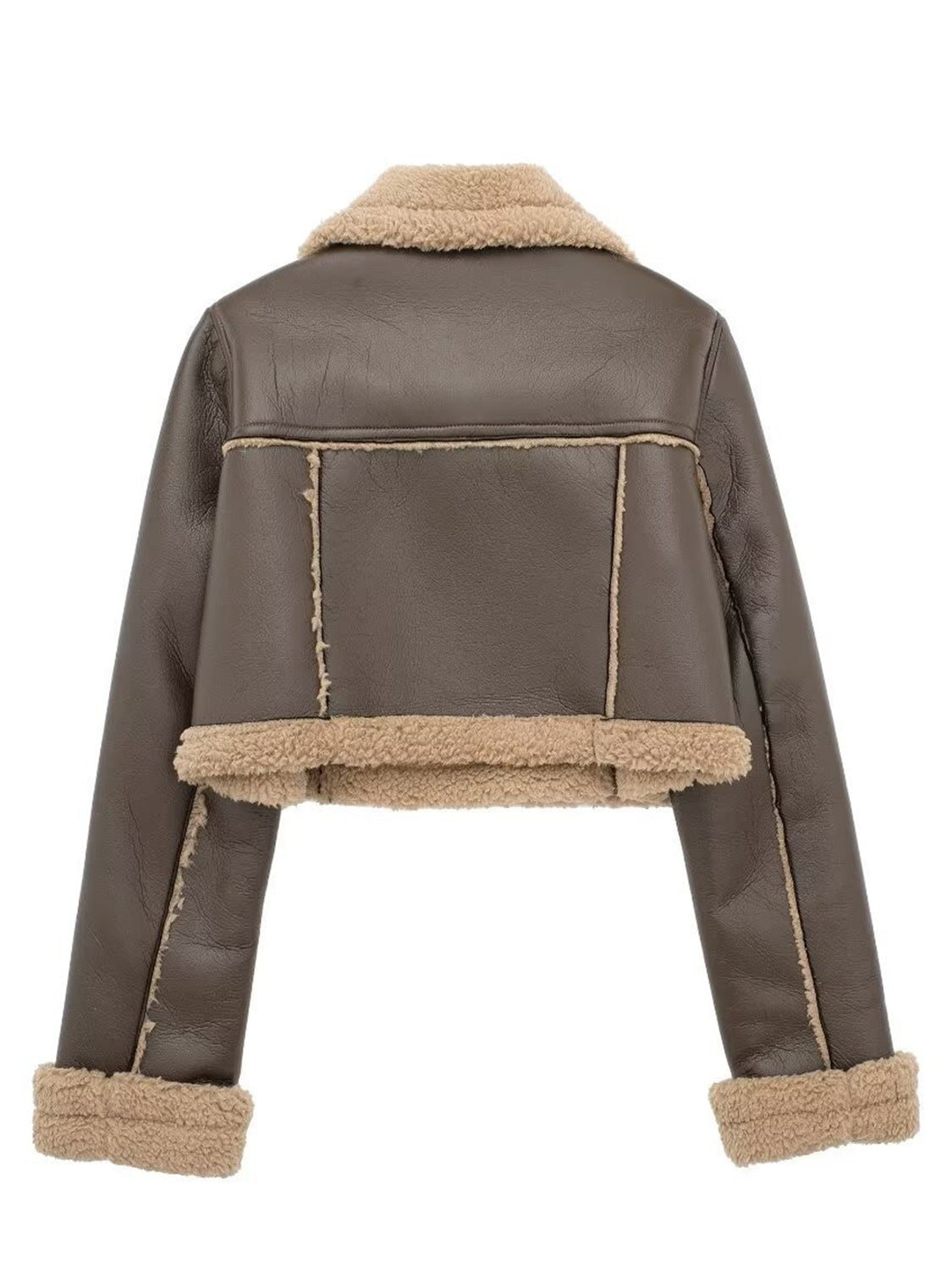 Brown cropped aviator jacket with shearling trim and collar detail.