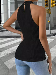 Black wavy textured halter neck tank top with button closure at the neck.