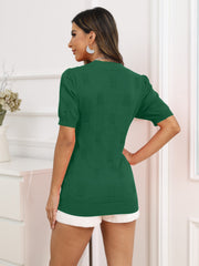 Neon Green textured knit puff sleeve top with short sleeves and a crew neck.