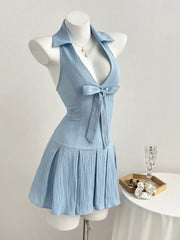 Halter Neck Bow Tie Pleated Mini Dress, back view