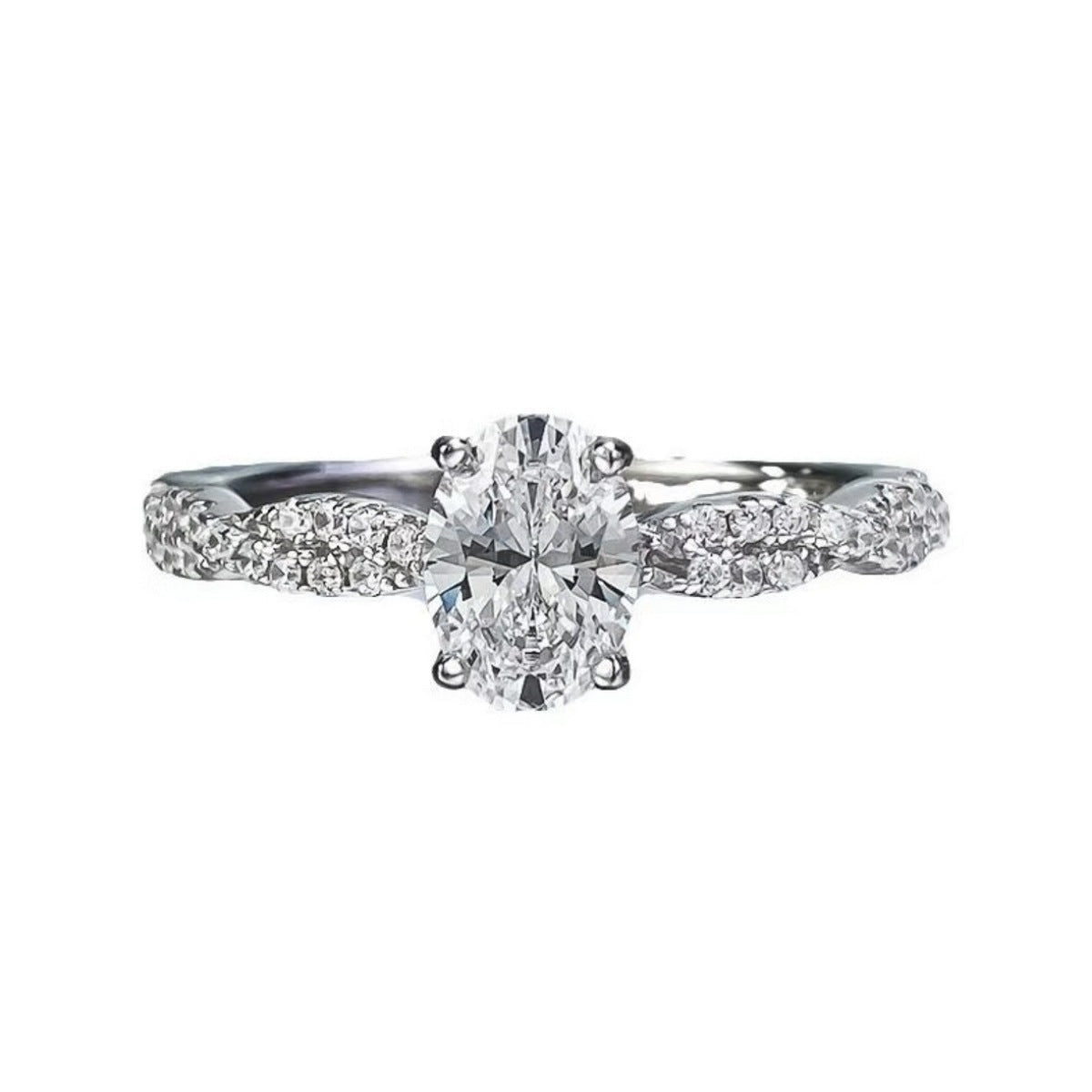 Sterling silver ring with oval moissanite and pave diamond band.