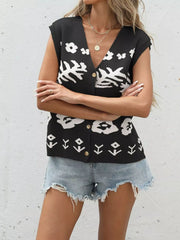 Black floral pattern V-neck button-down cardigan vest with gold buttons