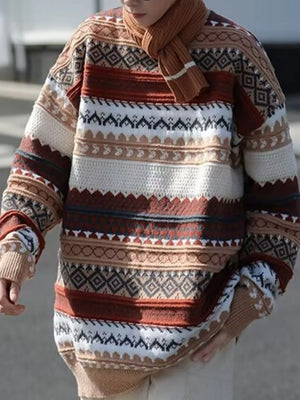 Men's gray and brown geometric knit sweater with heritage-inspired pattern.